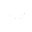 White logo with 'KM•X' on a black background
