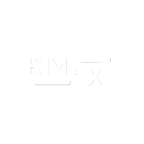 White logo with 'KM•X' on a black background